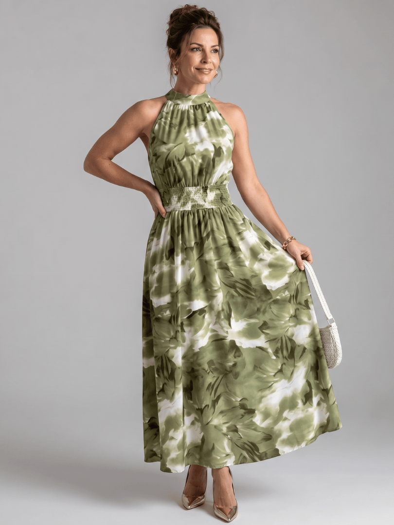 Olivia | Gathered Waist Abstract Print Midi Dress