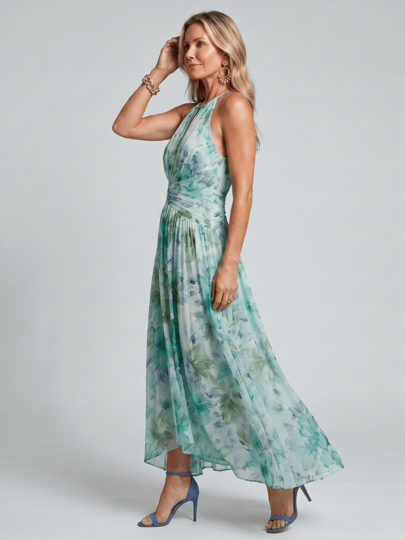 Portia | Pleated Halter Soft Floral Pattern Midi Dress