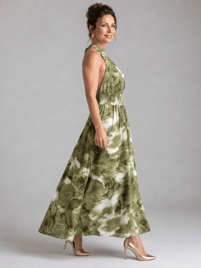 Olivia | Gathered Waist Abstract Print Midi Dress