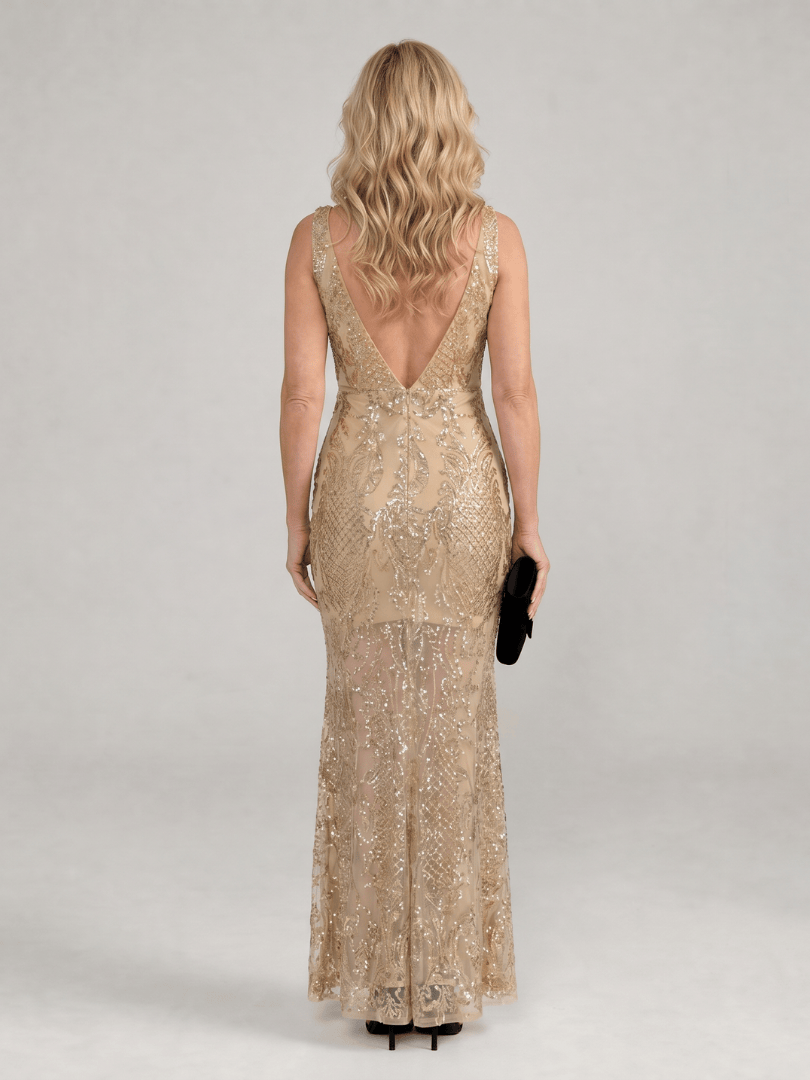 Sirea | Sequin Sleeveless Sheer Panel Midi Dress