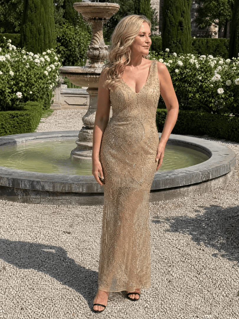 Sirea | Sequin Sleeveless Sheer Panel Midi Dress