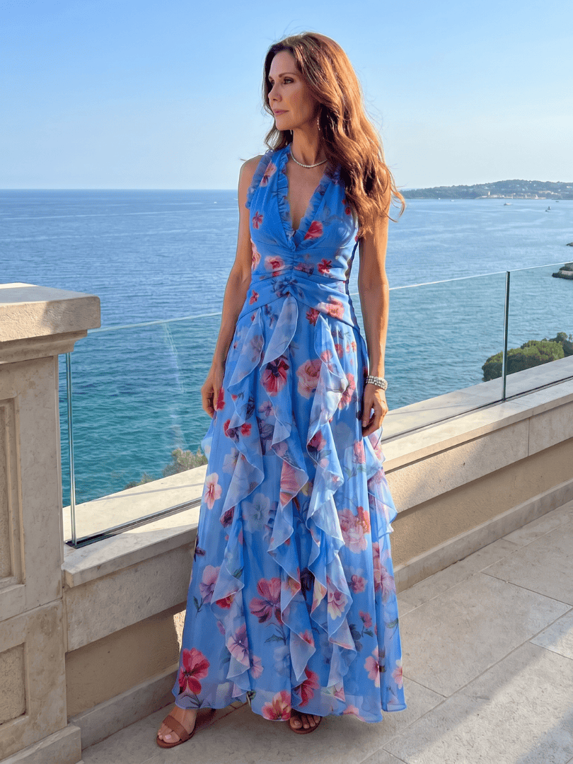 Nori | Halter Neck Ruched Bodice Floral Maxi Dress