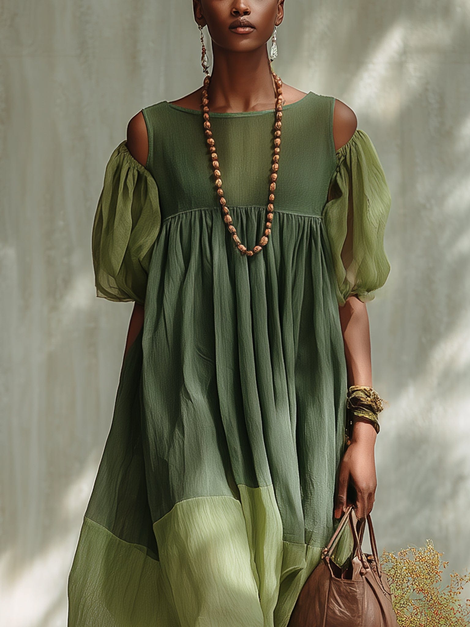 Green Chiffon Off Shoulder Short Sleeve Midi Dress