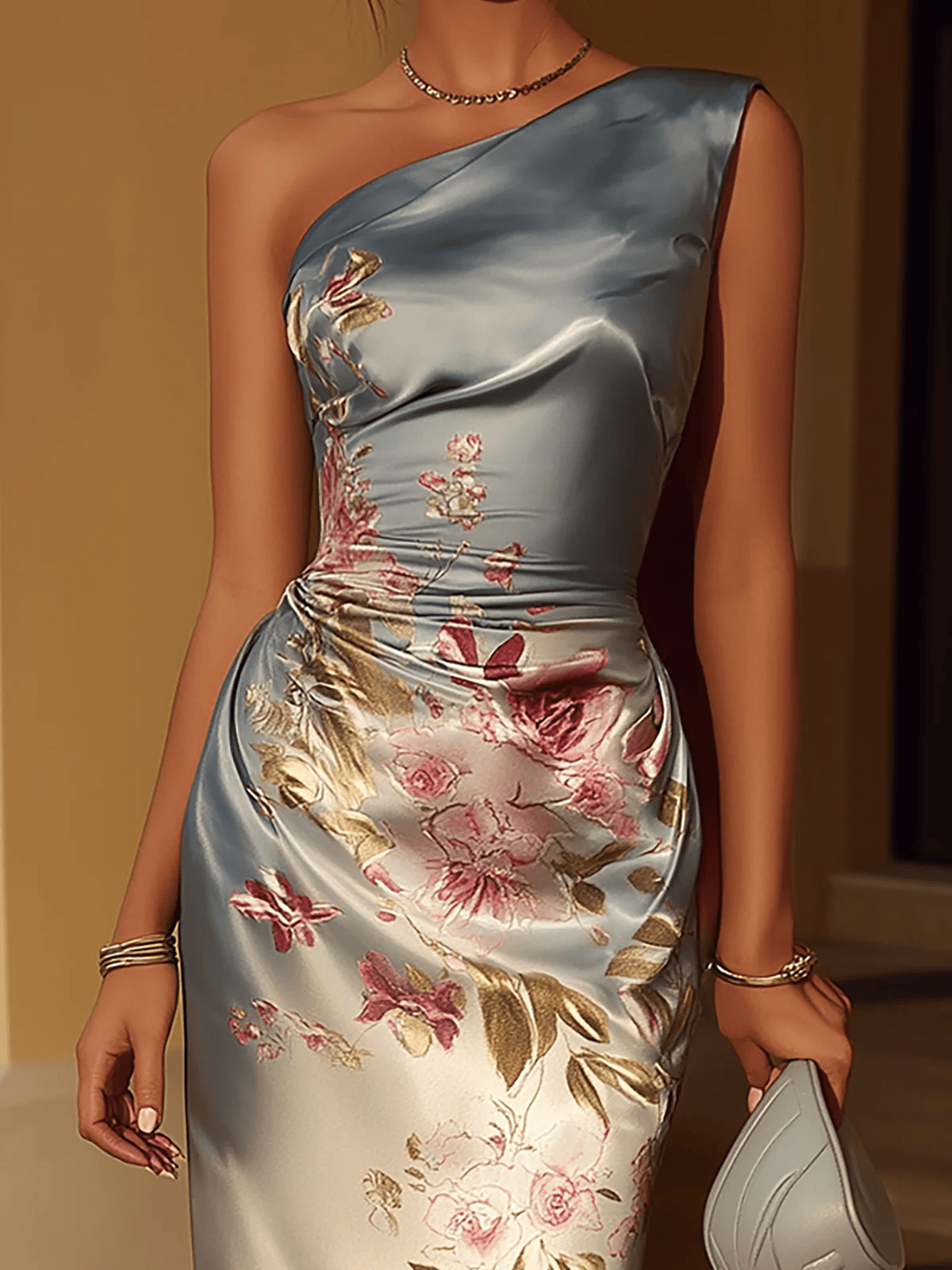 One-shoulder Satin Floral Print Midi Dress