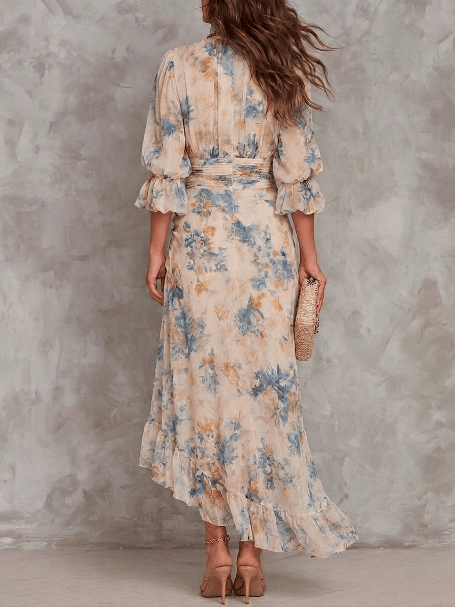 Beige Turtleneck Oil Painting Floral Print Irregular Chiffon Maxi Dress