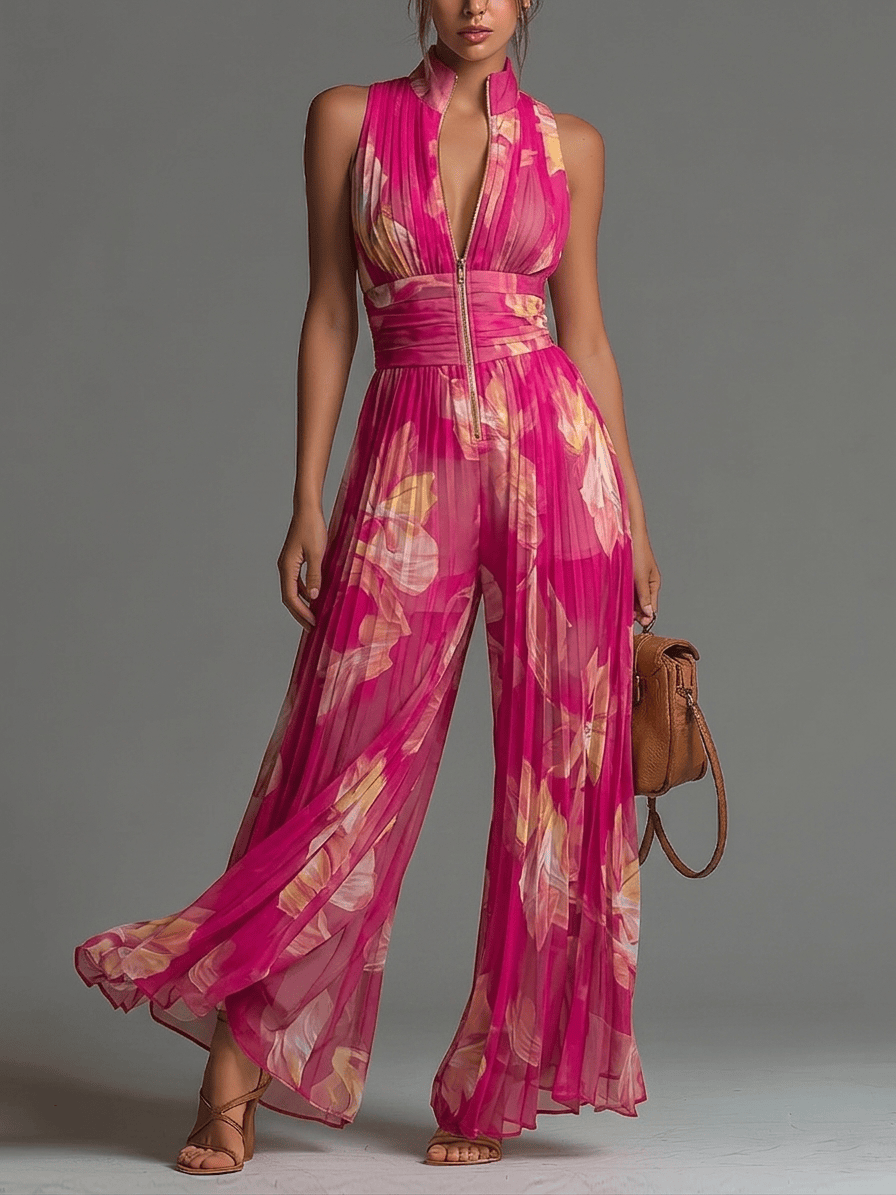 Fuchsia Floral Print Sleeveless Zippered Pleated Wide-leg Chiffon Jumpsuit