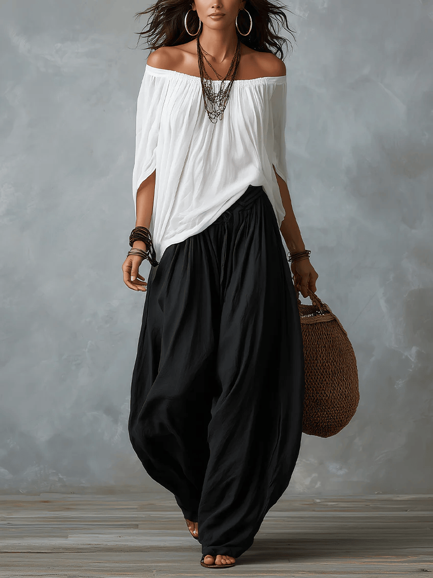 White Off-the-shoulder Top And Loose-fitting Lantern Pants Set