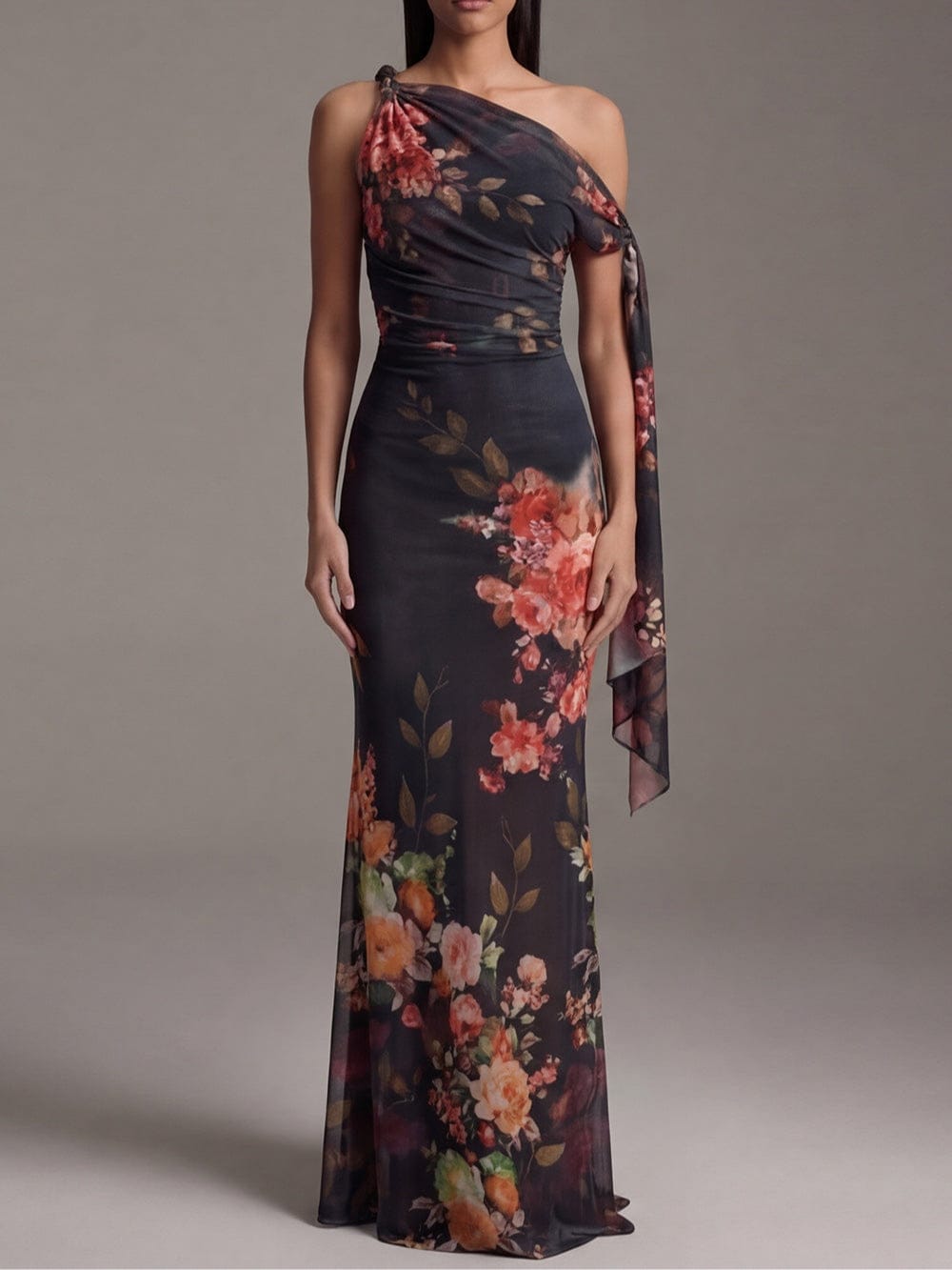 Black One-Shoulder Printed Pleated Chiffon Maxi Dress