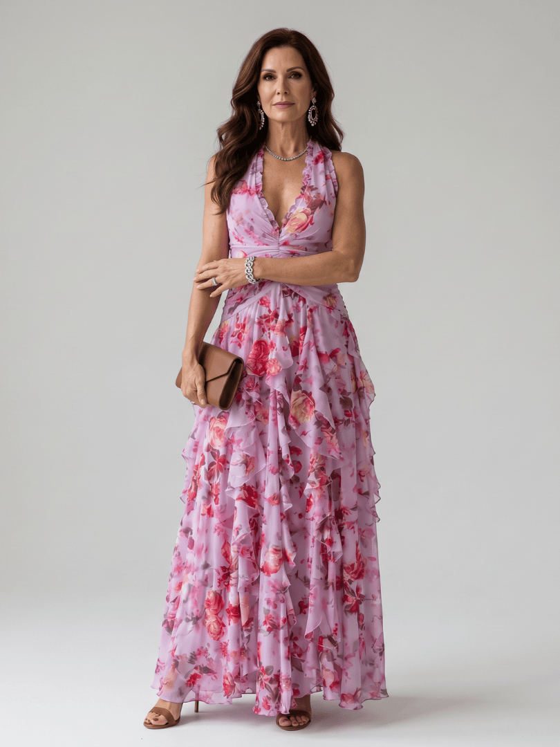 Nori | Halter Neck Ruched Bodice Floral Maxi Dress