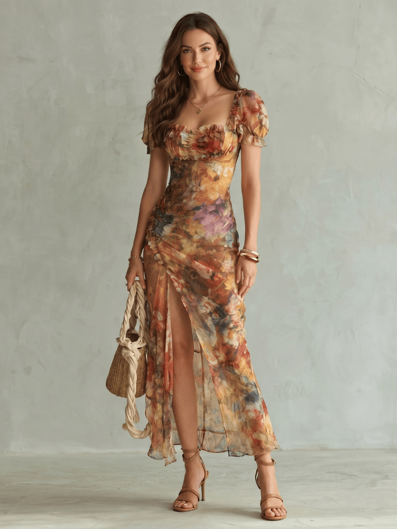 Ciel | Ruffled Sleeve Ruched Slit Midi Dress