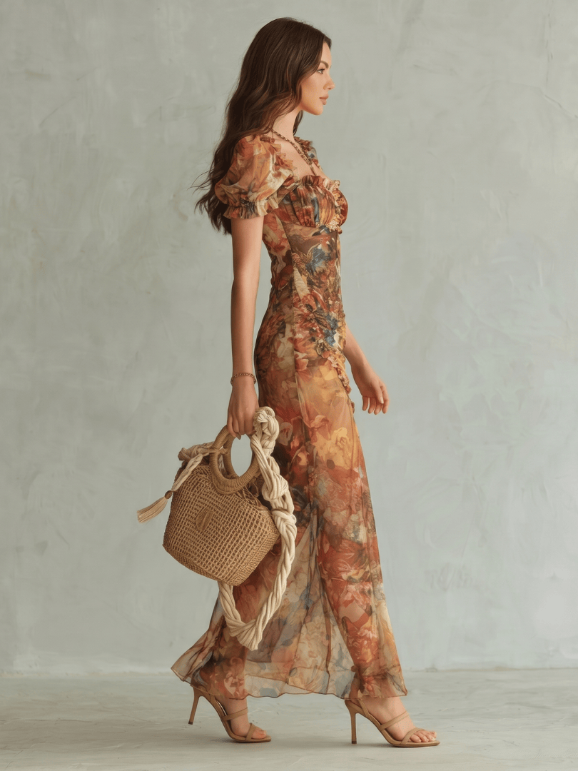 Ciel | Ruffled Sleeve Ruched Slit Midi Dress