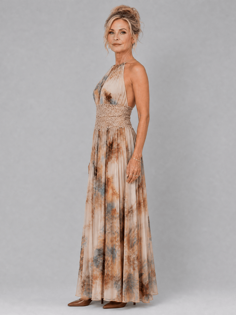 Elavenue | Halter Neck Lace Waist Maxi Dress