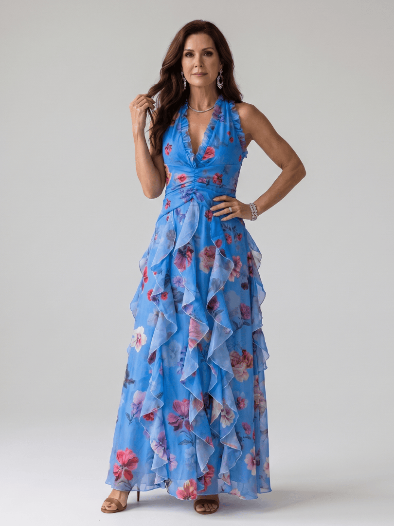 Nori | Halter Neck Ruched Bodice Floral Maxi Dress
