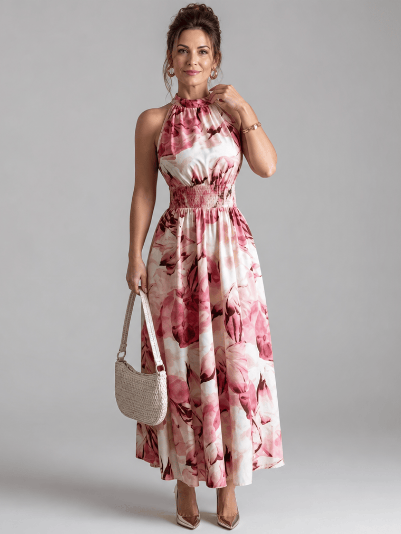 Olivia | Gathered Waist Abstract Print Midi Dress