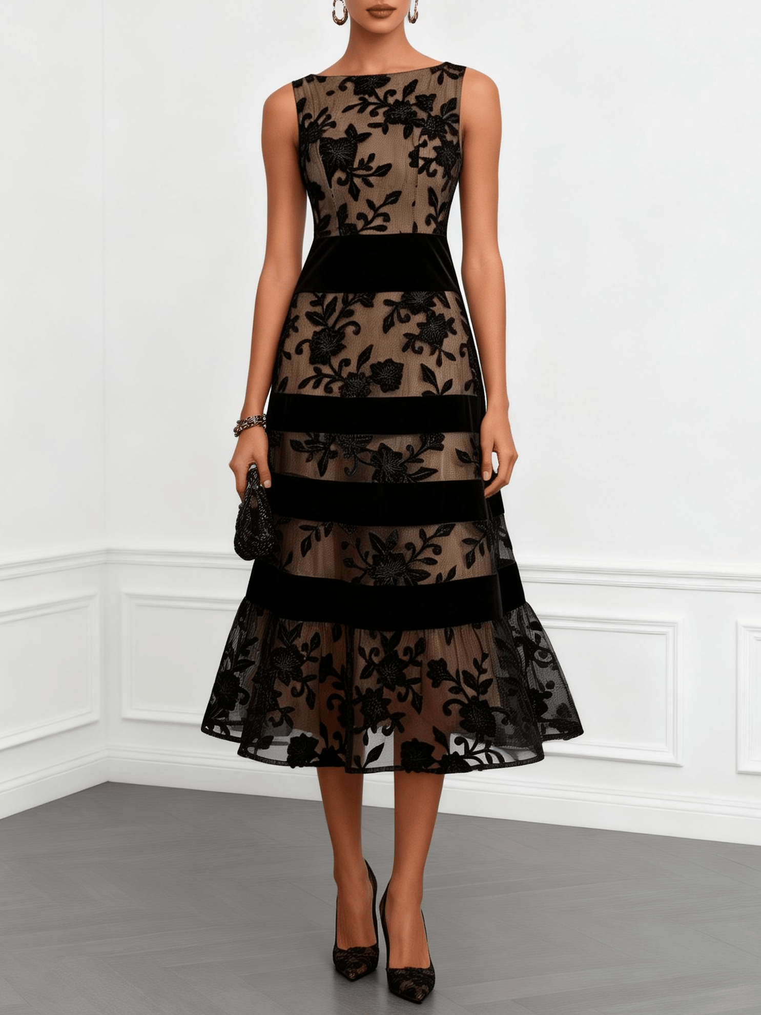 Black Mesh Floral Sleeveless A-Line Midi Dress