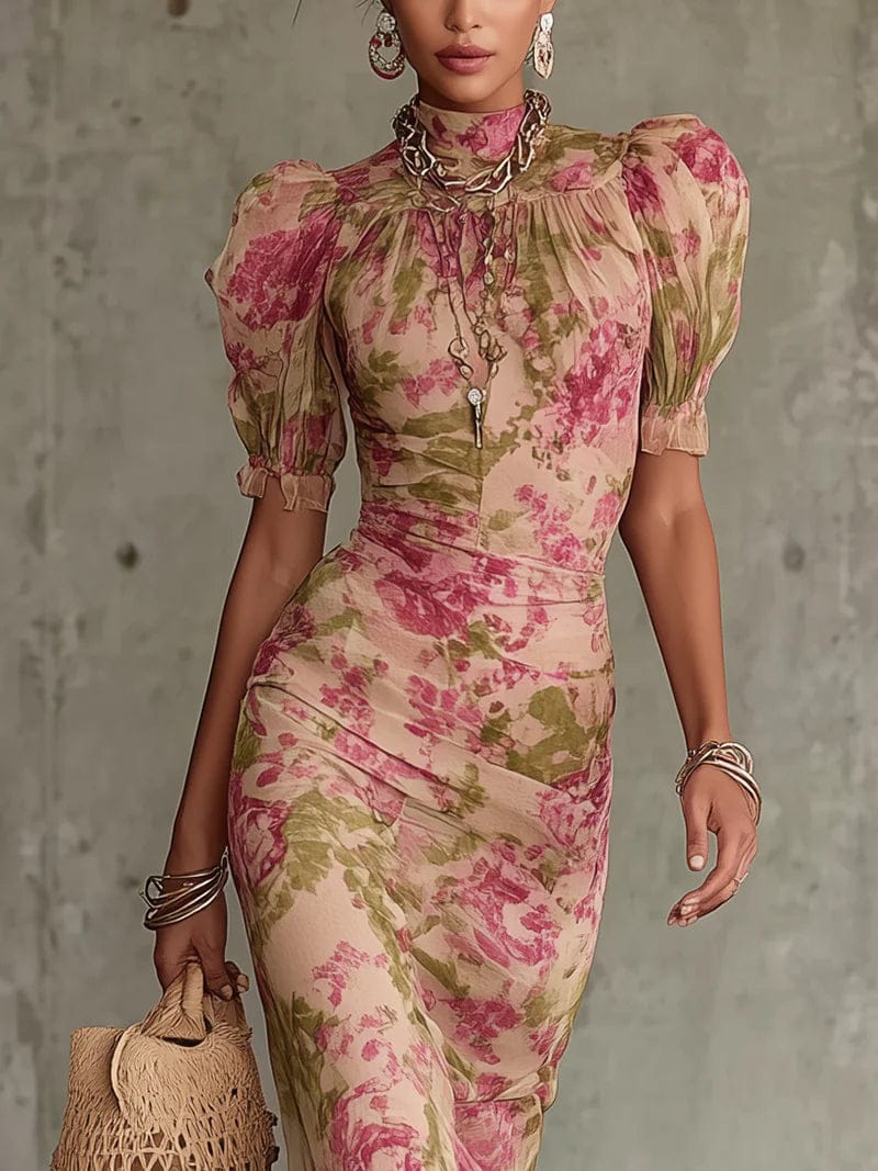 Vintage Rose Print Maxi Dress With Puff Sleeves (Accessories not included)