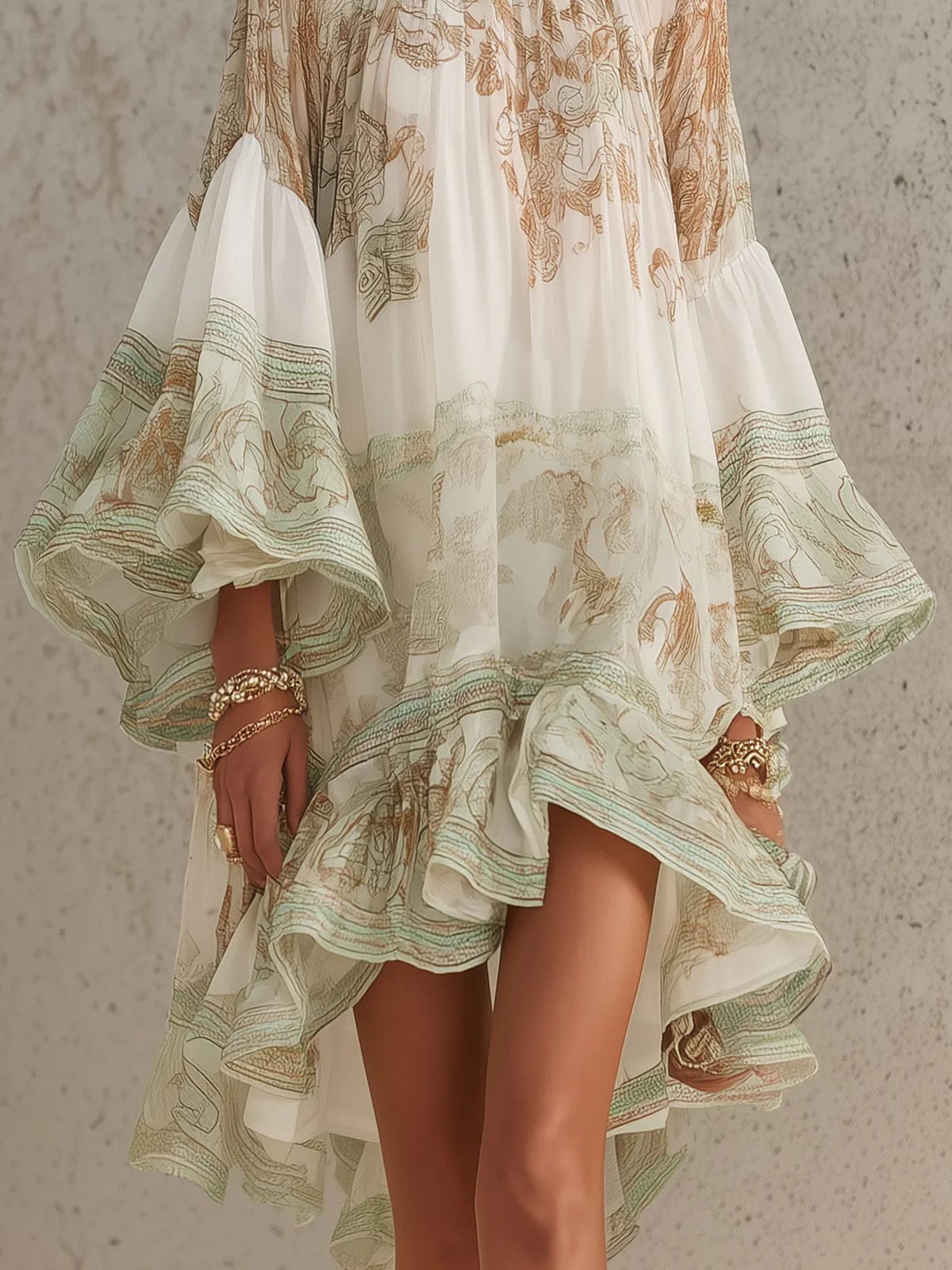 Green Print Ruffle Hem Flounce Sleeve Chiffon Mini Dress