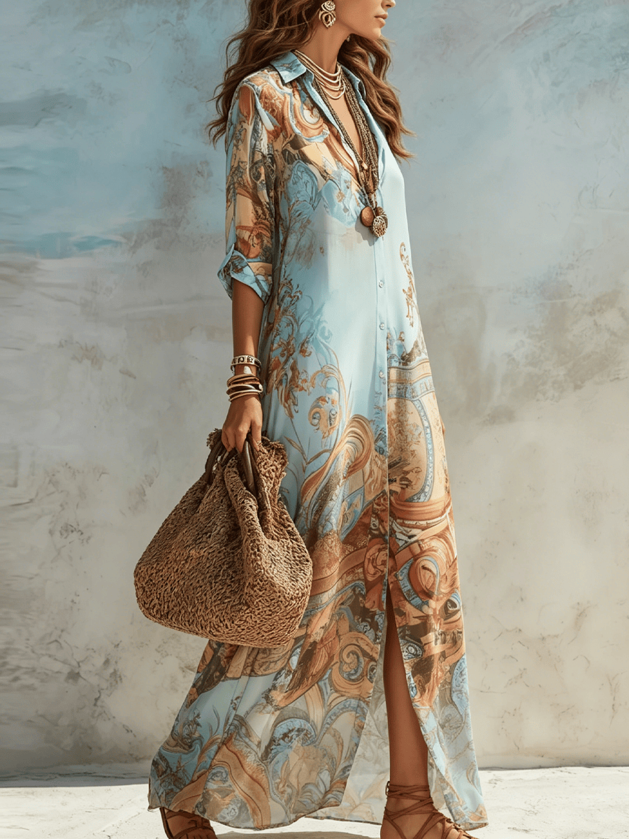 Vacation Blue Floral Print Shirt Maxi Dress