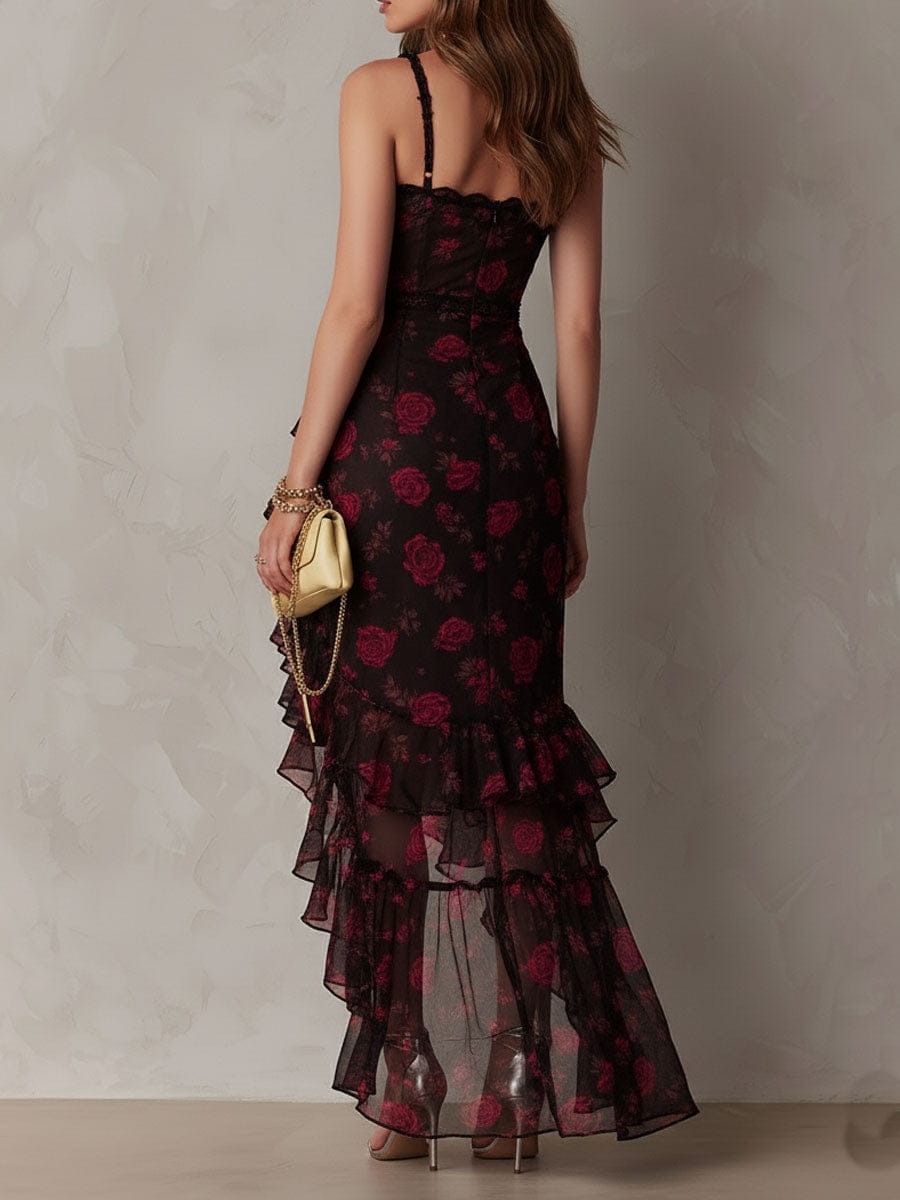 Chic Black And Red Floral Ruched Ruffle Hem Dress